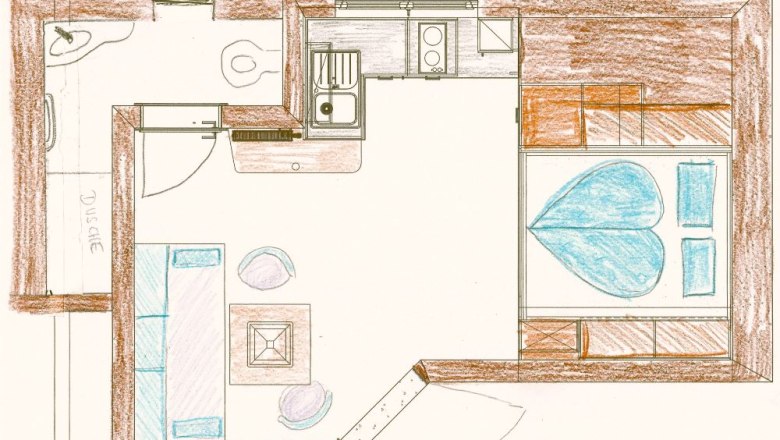 Kuschelapartment 3 - Übersichtsplan, © grasberger Grundriss eines kleinen Apartments mit Küche, Wohnzimmer, Schlafzimmer und Dusche.