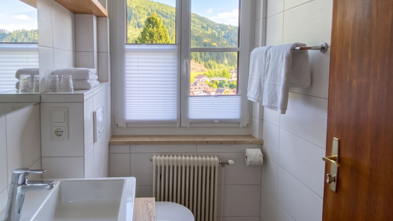 Lino Bad2, © Raphaela Bachler A modern bathroom with a window overlooking a green landscape.