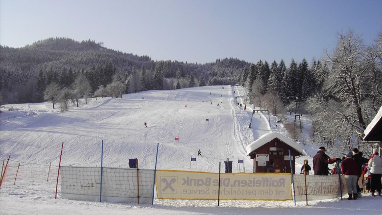 Das Skigebiet Riesenlehen, © Walter Kern Skigebiet mit Piste, Skifahrern und Wald im Hintergrund.