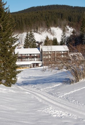 BS Ötscher Hotel, © Familie Butt Verschneites Hotel in einer Berglandschaft mit Tannenbäumen.