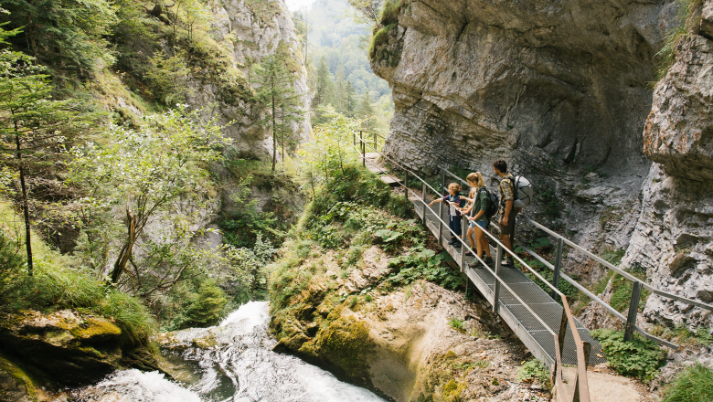 Hiking, family, Trefflingfall, Ötscher Tormäuer Nature Park, Mostviertel, © Niederösterreich Werbung/Andreas Jakwerth A picturesque hiking trail meanders along the rushing water, surrounded by lush greenery and majestic rocks. Families enjoy the fresh air and breathtaking views of nature as they discover the beauty of the Ötscher Tormäuer Nature Park.