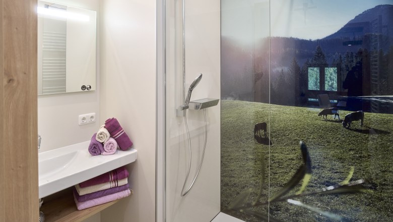 Stallgucker-Wohnung 2 - Badezimmer, © Auftragsfoto.at Modernes Badezimmer mit Dusche und Landschaftsbild auf der Duschwand.