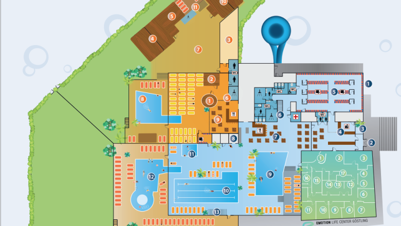 Solebad Übersichtsplan (c)Rene Jagersberger, © Rene Jagersberger Floor plan of the Ybbstal Salt Baths, featuring various areas such as pools, saunas, and relaxation areas.