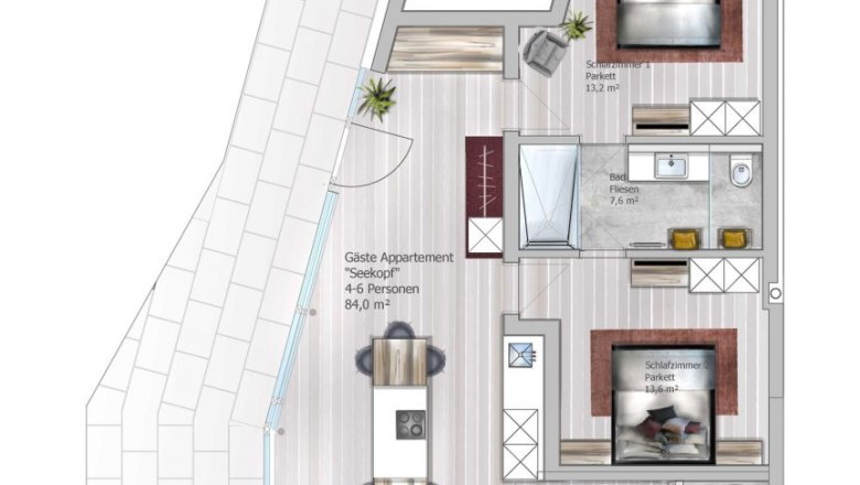 Grundriss des Apartments Seekopf im Haus am See mit zwei Schlafzimmern, Wohnk&uuml;che und Bad.