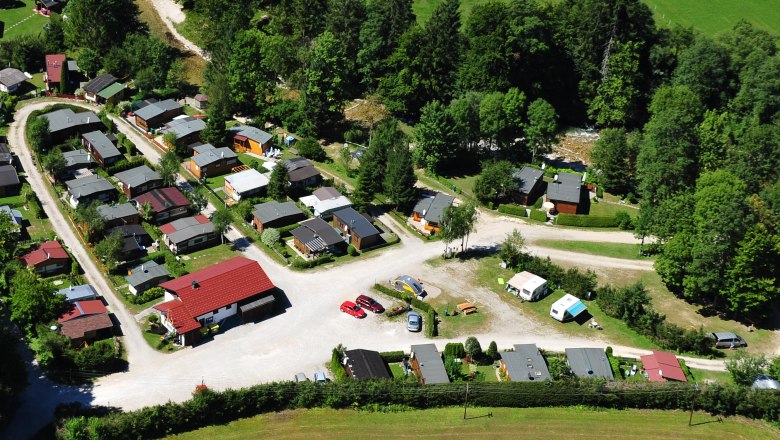 Aerial view of a campsite with caravans and small houses, surrounded by trees and meadows.