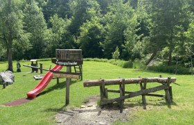 Playground in Mendlingtal with slide and wooden play equipment surrounded by forest.