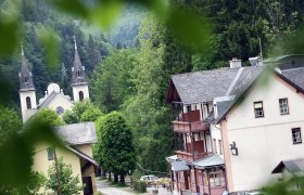 Maria Seesal pilgrimage church with surrounding buildings and forest in the background.