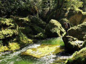 The gentle waves of the clear water ripple softly over the moss-covered stones, while the lush vegetation transforms the surroundings into a green paradise. A hiker enjoys the peaceful atmosphere and the refreshing breeze blowing through the trees.