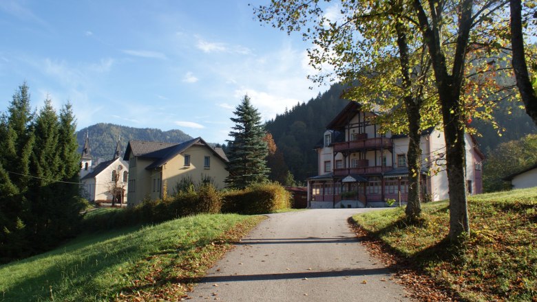 A path leads to an alpine-style building surrounded by trees and mountains.