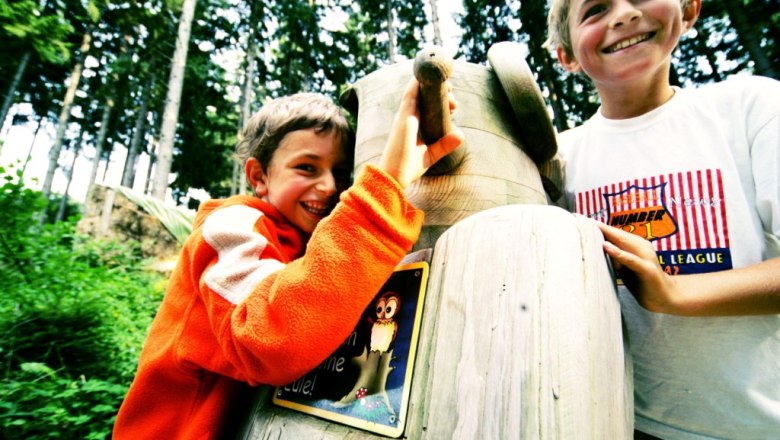 Zwei lachende Kinder spielen an einem Holzspielgerät im Wald.