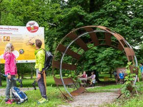 The giant beer barrel marks the start of the trail in Kartausenpark, &copy; Theo Kust