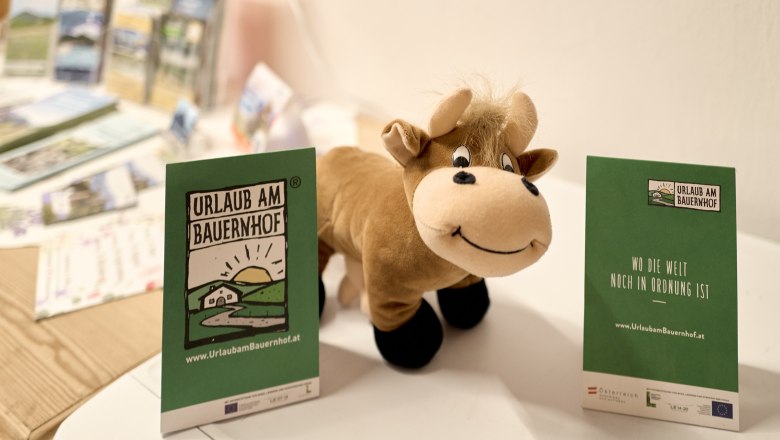 Ein Pl&uuml;schtier in Form einer Kuh steht zwischen zwei Flyern mit der Aufschrift 'Urlaub am Bauernhof'.