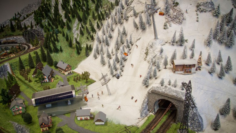 Modelllandschaft mit Bergen, Skifahrern, Seilbahn und Eisenbahntunnel.