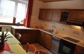 K&uuml;che mit Holzschr&auml;nken, Sp&uuml;le, Herd und Geschirrsp&uuml;ler. Fenster mit Gardine und Topfpflanze auf dem Tisch.