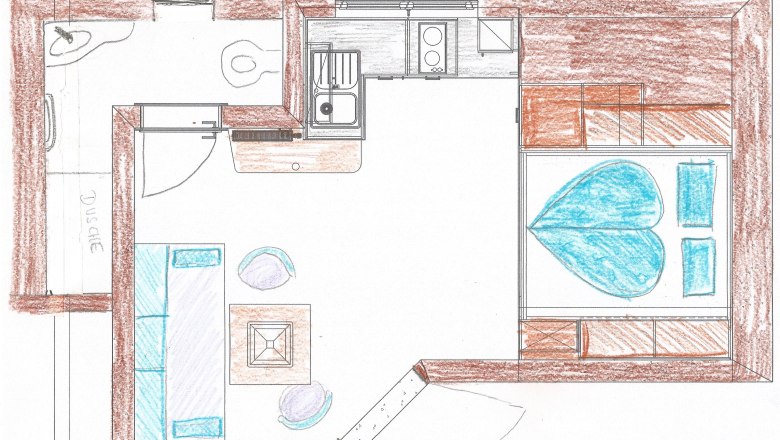 Grundriss eines kleinen Apartments mit K&uuml;che, Wohnzimmer und Badezimmer.