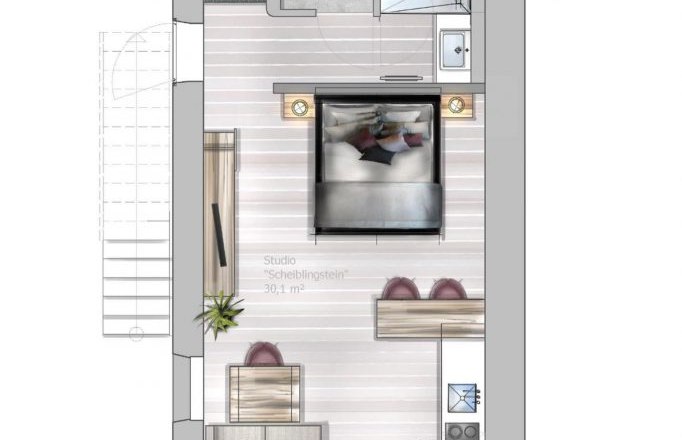 Grundriss eines 30 m&sup2; gro&szlig;en Studios mit Bett, K&uuml;che, Bad und Terrasse.