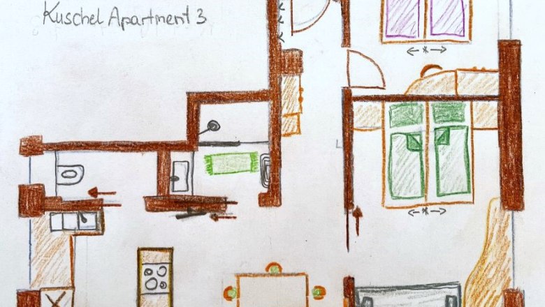 Handgezeichneter Grundriss einer Wohnung mit verschiedenen R&auml;umen und M&ouml;beln.