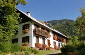 A traditional house with flower boxes in front of a wooded mountain.