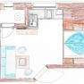Grundriss eines kleinen Apartments mit K&uuml;che, Wohnzimmer und Badezimmer.