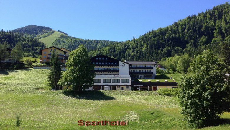 Ein Sporthotel in einer grünen Berglandschaft mit blauem Himmel.