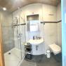 Modern bathroom with a shower, sink, and toilet.