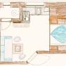 Grundriss eines kleinen Apartments mit K&uuml;che, Wohnzimmer, Schlafzimmer und Dusche.