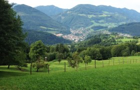Blick von der Gschnaider Höhe auf eine grüne Landschaft mit Bergen und einem Dorf im Tal.