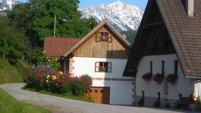 Ein Ferienhaus mit Blumen und Berg im Hintergrund.