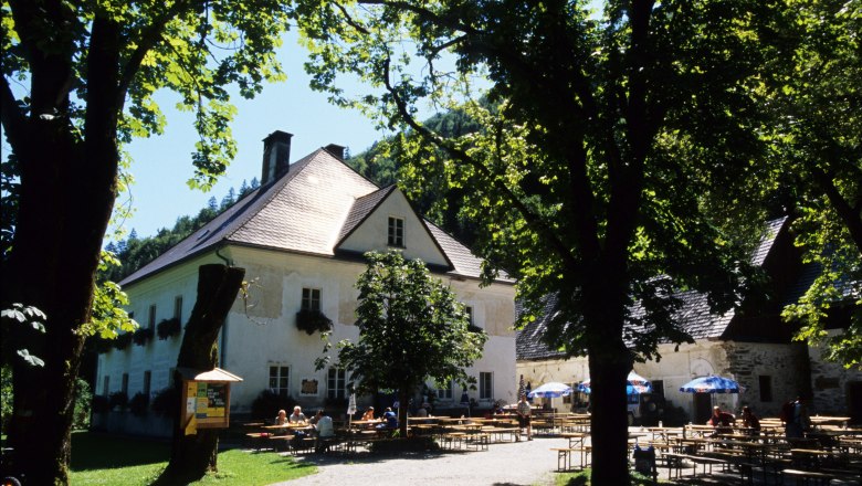 Ein Herrenhaus mit Biergarten im Grünen, umgeben von Bäumen.