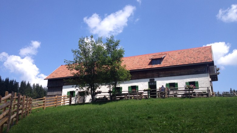 Gföhleralm, © Martin Reingruber Ein traditionelles Almgebäude mit rotem Ziegeldach und grünen Fensterläden auf einer Wiese unter blauem Himmel.